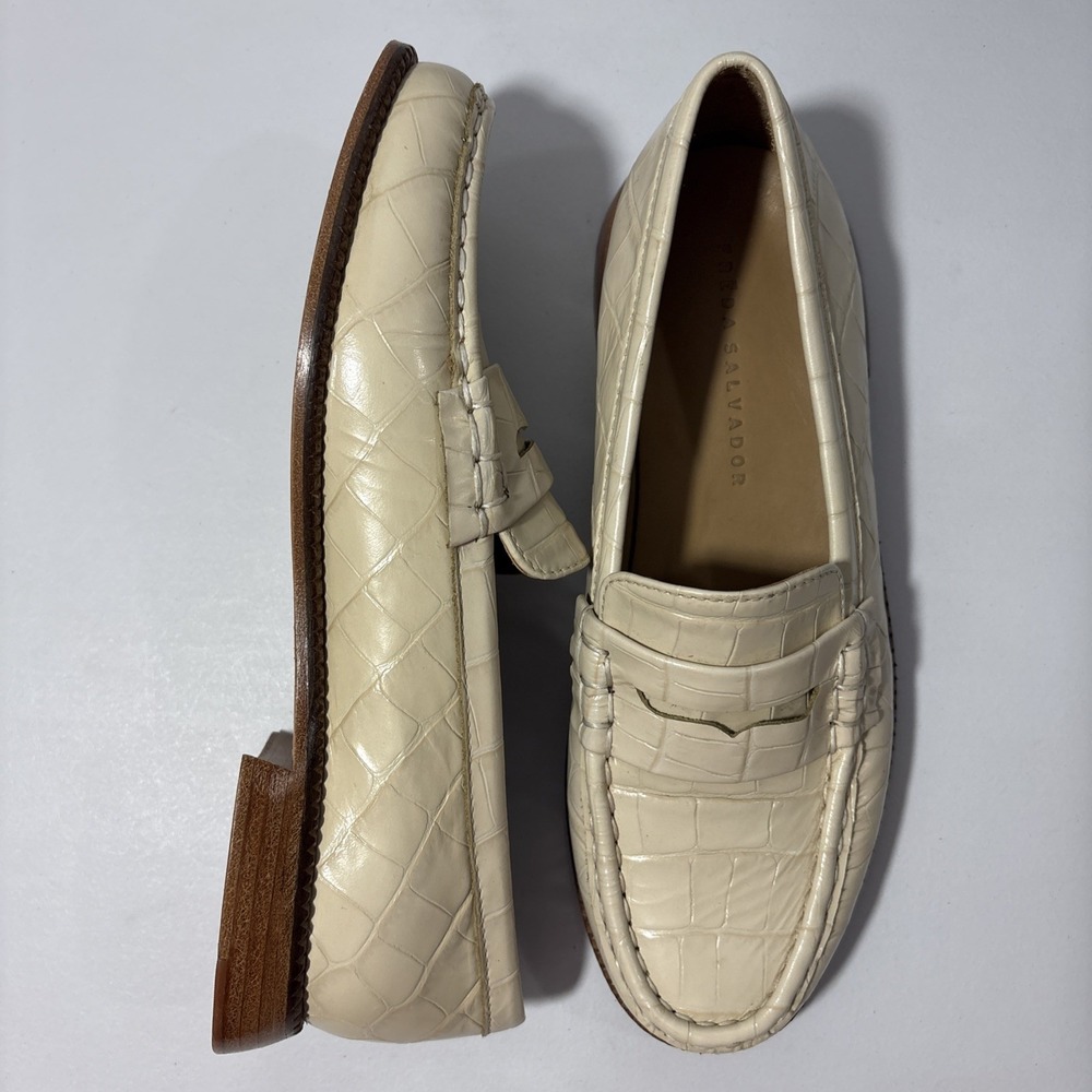 FREDA SALVADOR Elba Cream Croc Embossed Leather Penny Loafers Shoes Size 9 M